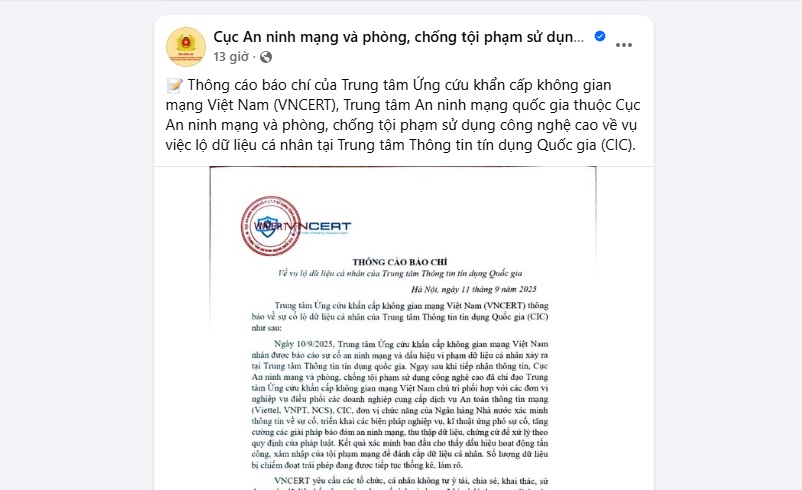 Sự cố tín dụng CIC bị hacker tấn công, VNCERT khuyến cáo người dân nâng cao cảnh giác