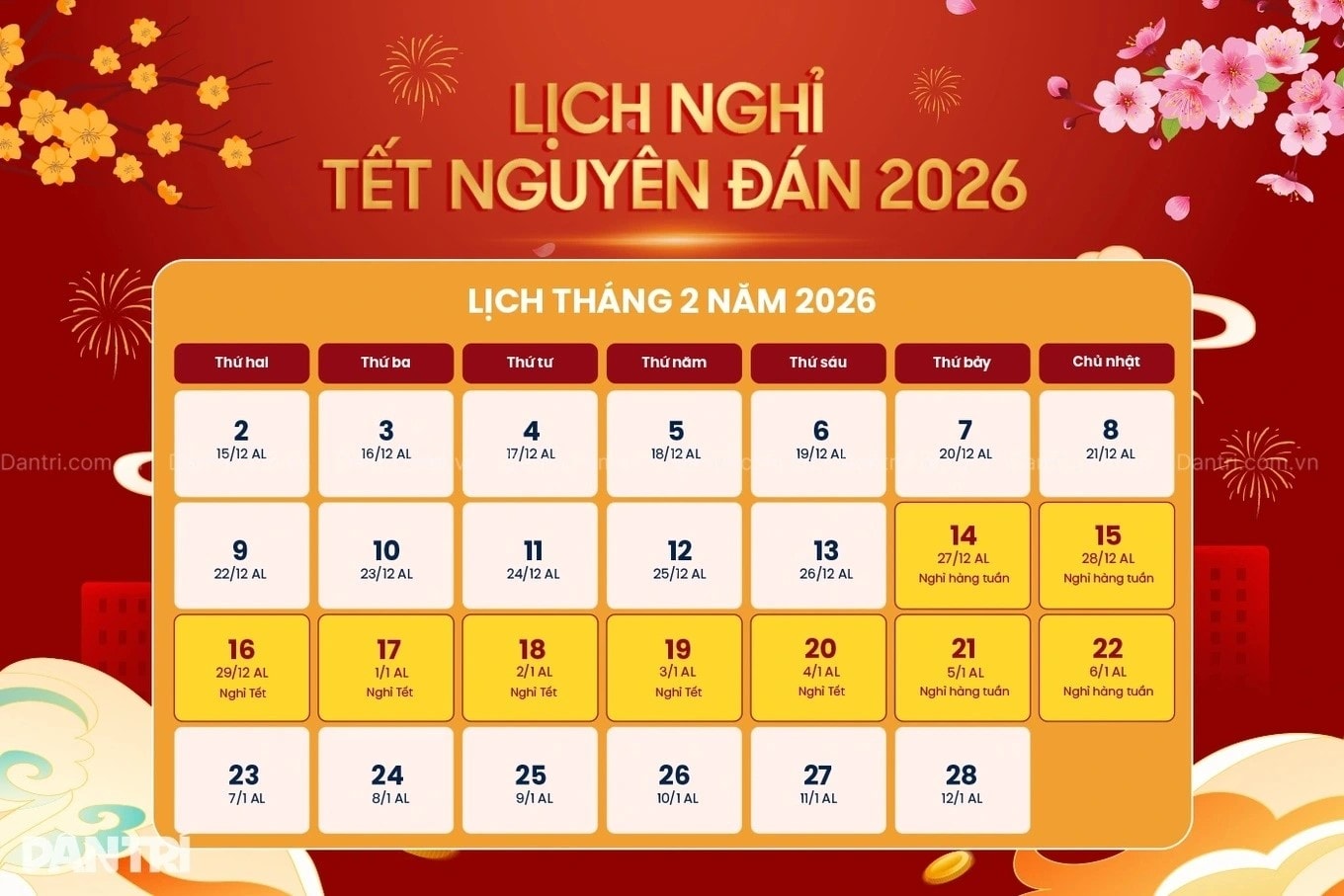 Lịch nghỉ Tết Dương lịch 2026