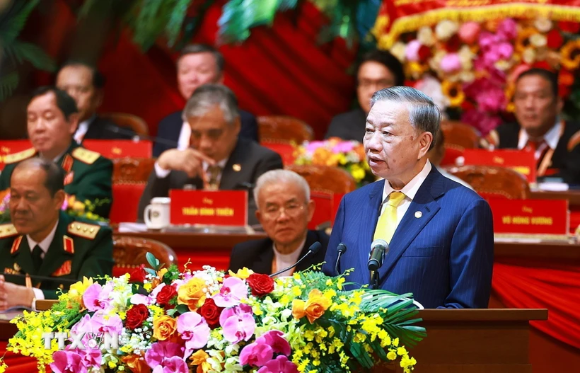 Tổng Bí thư, Chủ tịch nước Tô Lâm phát biểu chỉ đạo Đại hội đại biểu toàn quốc Mặt trận Tổ quốc Việt Nam lần thứ X. Ảnh: TTXVN.