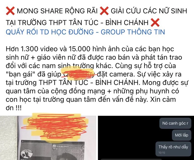 Thông tin về việc có camera quay lén trong nhà vệ sinh nữ tại Trường Trung học phổ thông Tân Túc lan truyền trên mạng xã hội.