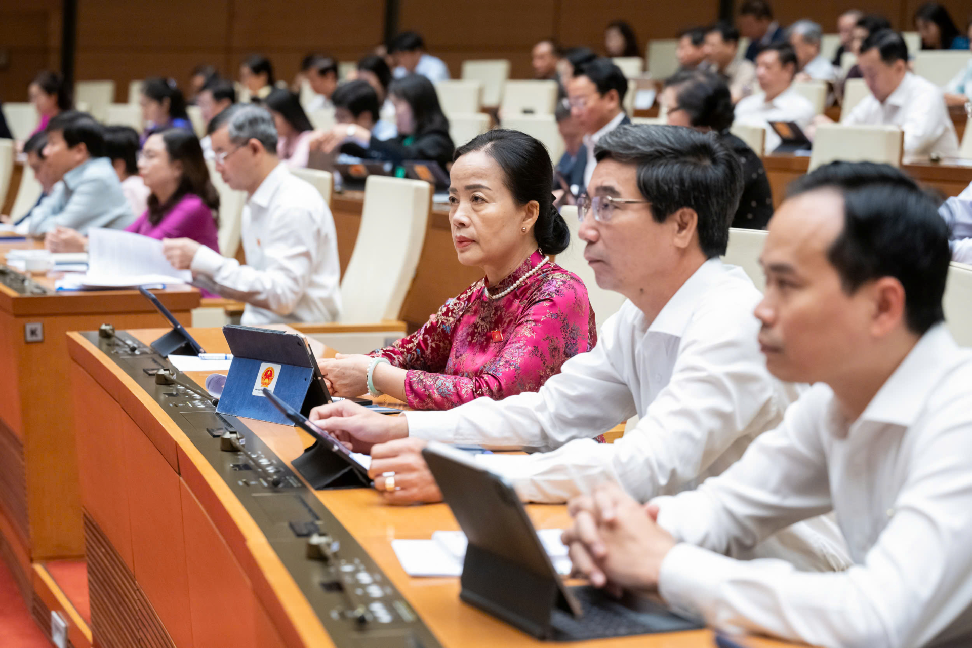 Các đại biểu thảo luận ở hội trường về thị trường bất động sản và nhà ở xã hội.