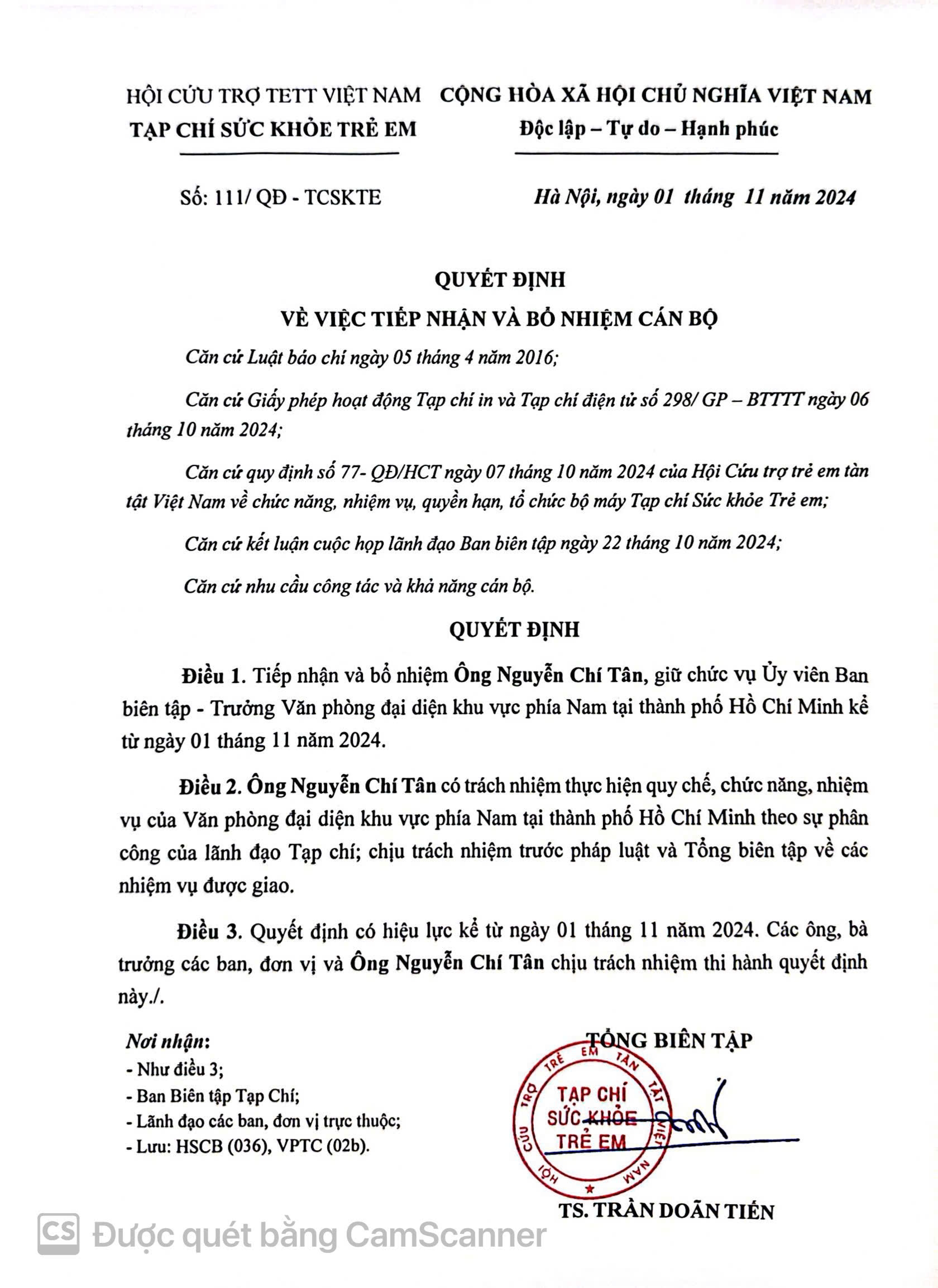 Quyết định bổ nhiệm Tiến sĩ Nguyễn Chí Tân giữ chức vụ Uỷ viên Ban biên tập - Trưởng văn phòng đại diện.