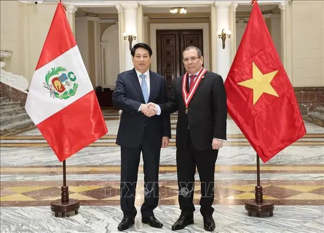 State President Luong Cuong (L) meets President of the Supreme Court of Peru Javier Arévalo Vela (Photo: VNA)